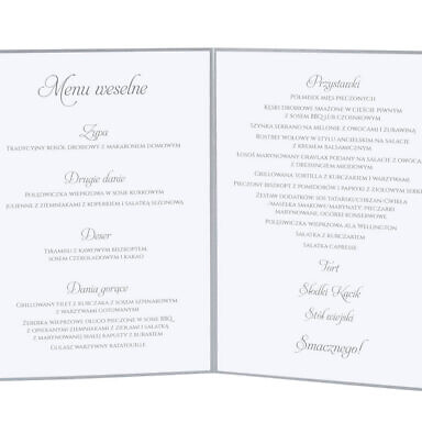 Menu weselne spis dań na stół kwiaty