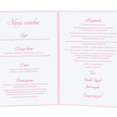 Menu weselne spis dań na stół kwiaty