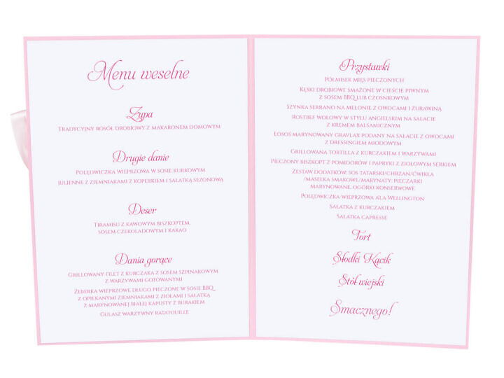 Menu weselne spis dań na stół kwiaty