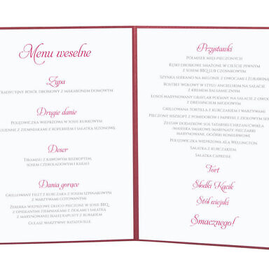 Menu weselne spis dań na stół kwiaty