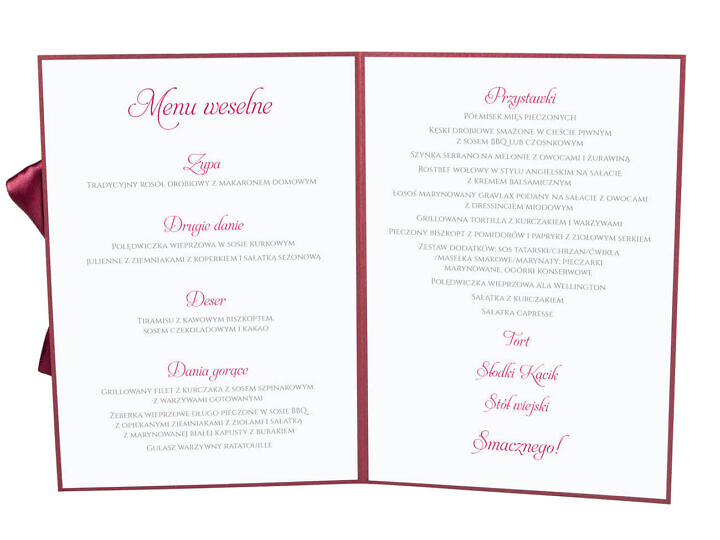 Menu weselne spis dań na stół kwiaty