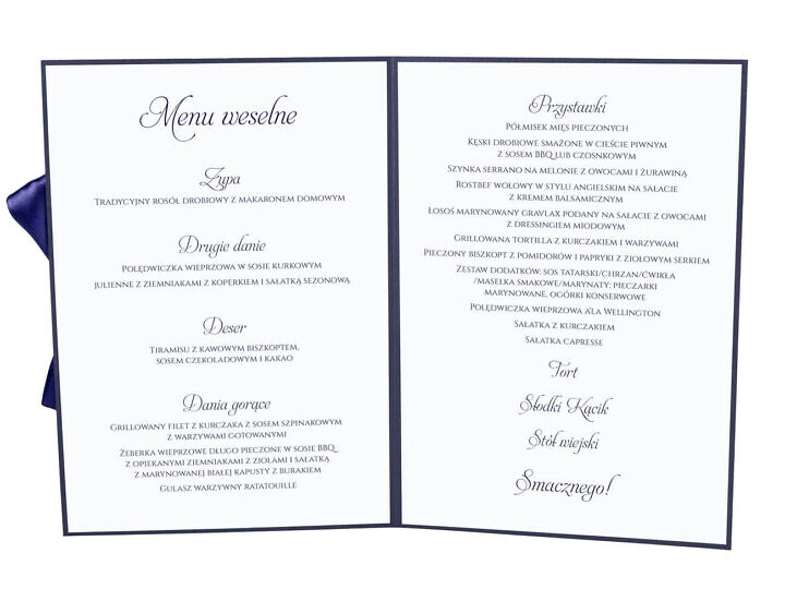 Menu weselne spis dań na stół kwiaty