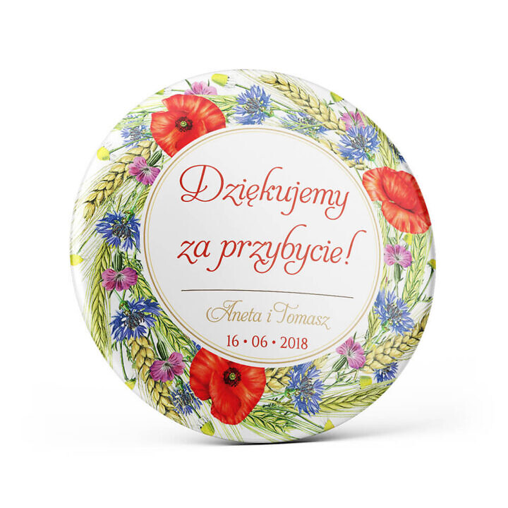 Metalowa okrągła przypinka dla gości agrafka motyw kwiatowy