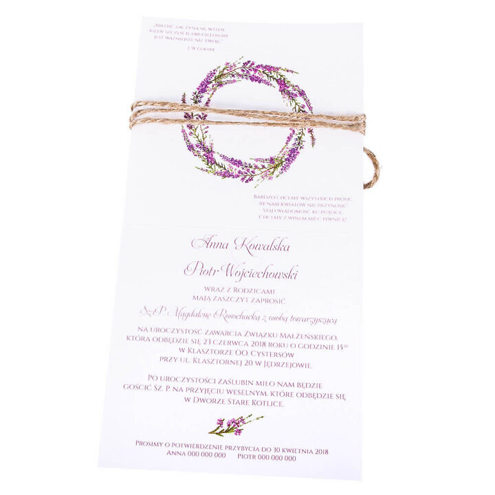 Eleganckie modne kwiatowe zaproszenia ślubne wrzos