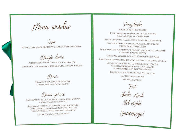 Menu weselne spis dań na stół kwiaty