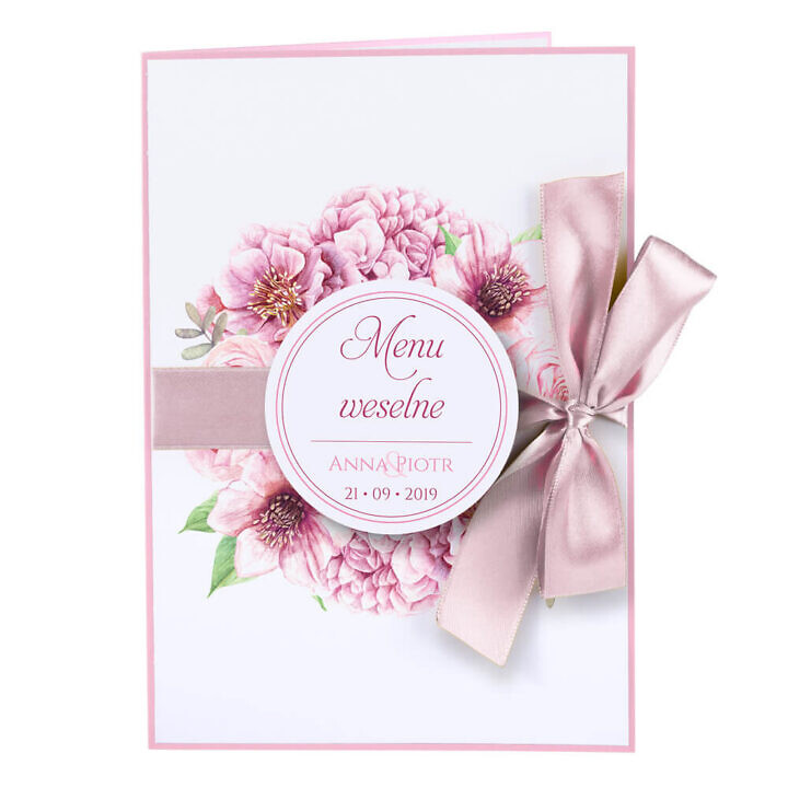 karty menu weselne spis dań na stół motyw kwiatowy personalizacja