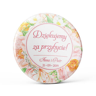 Metalowa okrągła przypinka dla gości agrafka frezje piwonie kolorowe