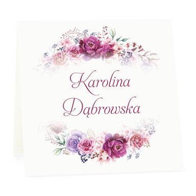 Winietka weselna na stół wizytówka podziękowanie personalizacja florals fioletowe