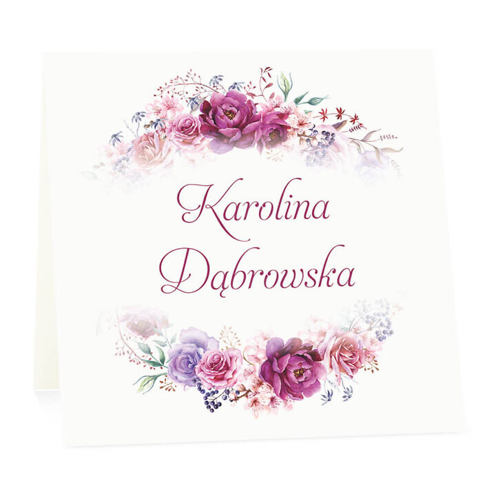 Winietka weselna na stół wizytówka podziękowanie personalizacja florals fioletowe