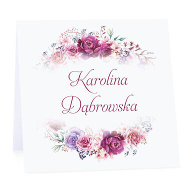 Winietka weselna na stół wizytówka podziękowanie personalizacja florals fioletowe