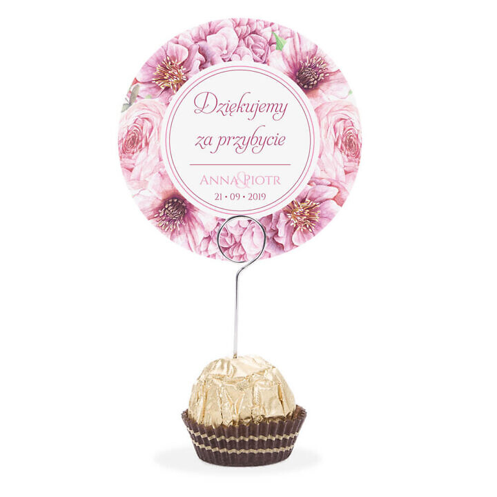 Winietka weselna na stół metalowa szpilka podziękowanie różowe kwiaty florals