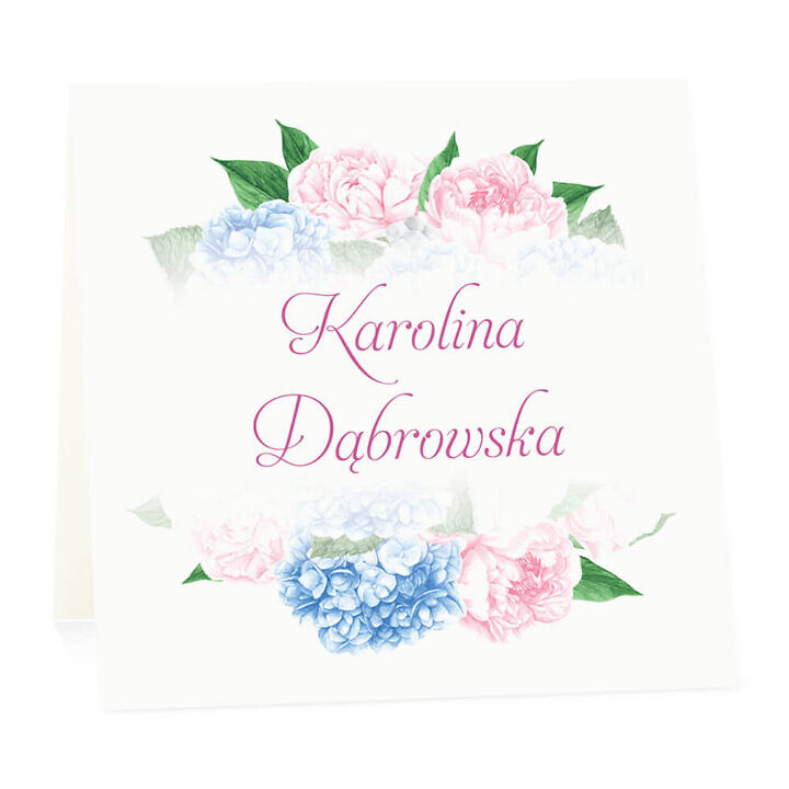 Winietka weselna na stół wizytówka podziękowanie personalizacja piwonie hortensje