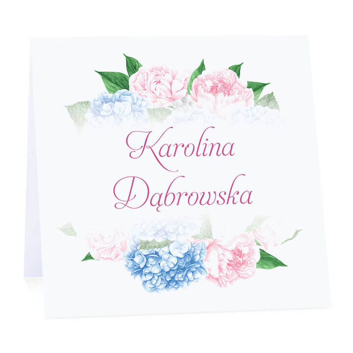 Winietka weselna na stół wizytówka podziękowanie personalizacja piwonie hortensje