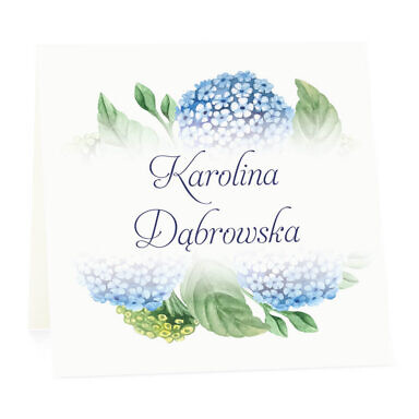 Winietka weselna na stół wizytówka podziękowanie personalizacja niebieska hortensja
