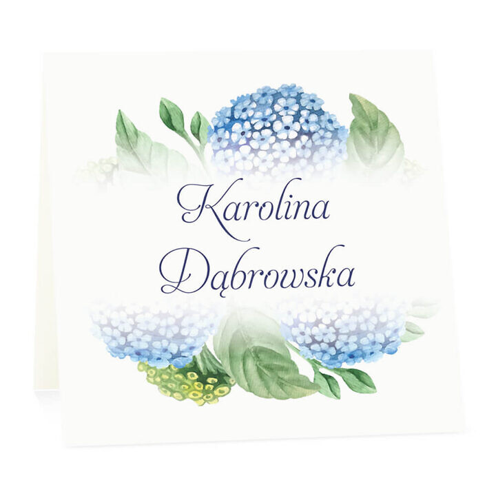Winietka weselna na stół wizytówka podziękowanie personalizacja niebieska hortensja