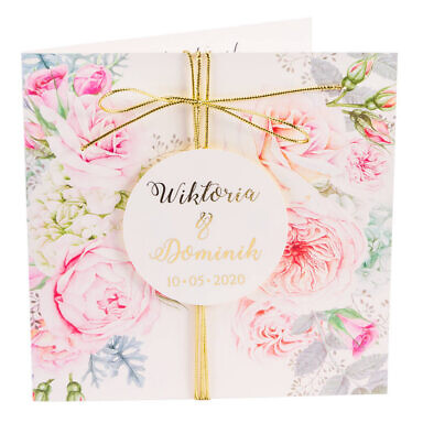 zaproszenia ślubne ze złoceniem i kwiatami róży