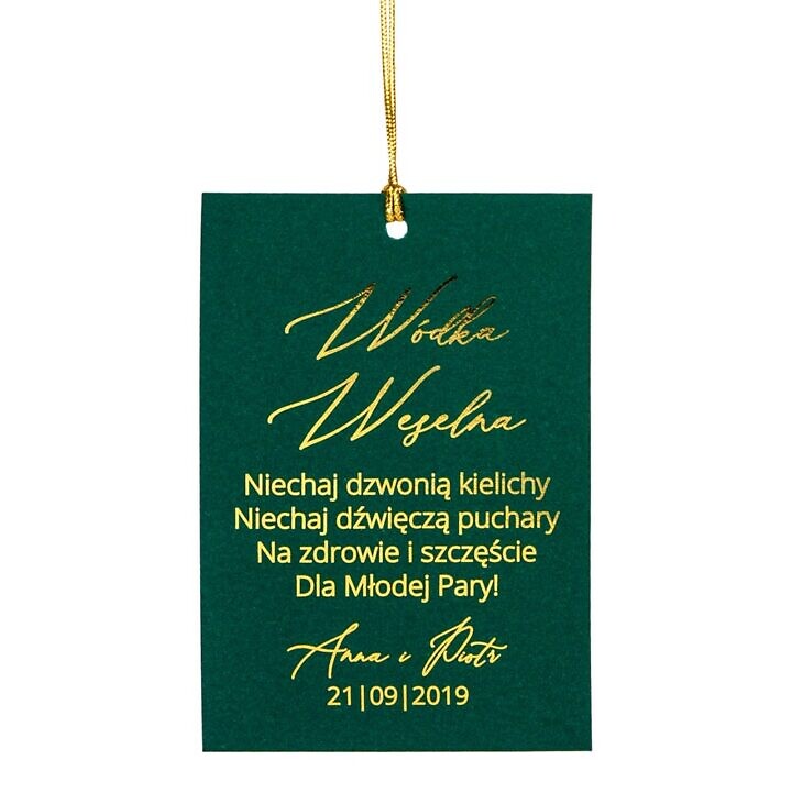 zawieszka na alkohol zielony papier złote napisy