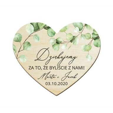 Podziękowanie za przybycie dla gości na wesele drewniany magnes z listkami eukaliptusa