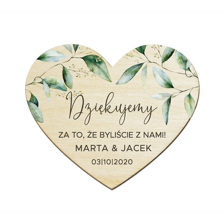 Podziękowanie dla gości weselnych drewniany magnes z nadrukiem liści eukaliptusa