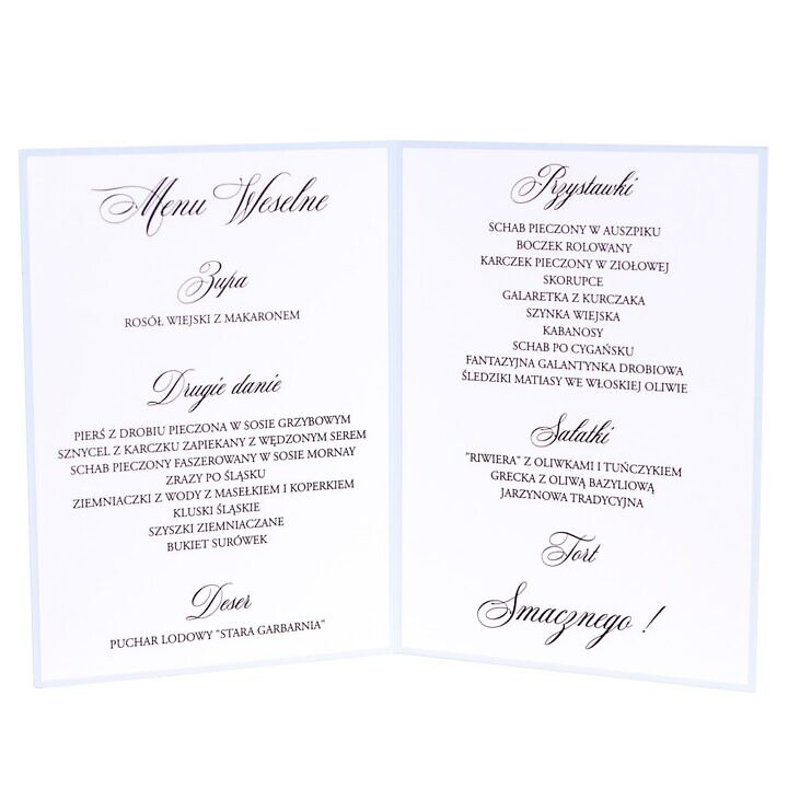 menu weselne niebieskie ze srebrzeniem