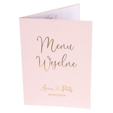 Różowe menu weselne ze złoconym tekstem