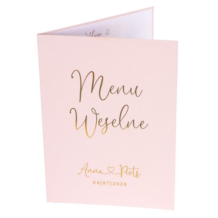 Różowe menu weselne ze złoconym tekstem