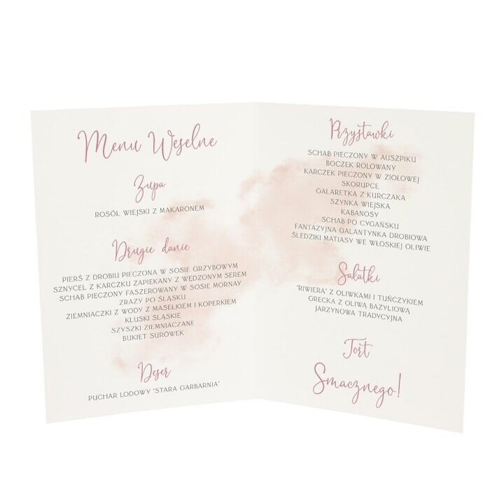 Środek menu weselnego z różowymi różami pastelową akwarelą na białym tle