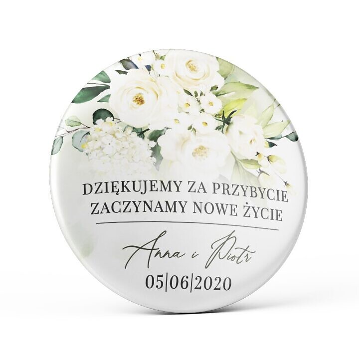 Przypinka weselna białe kwiaty zielone gałązki magnes podziękowanie dla gości weselnych