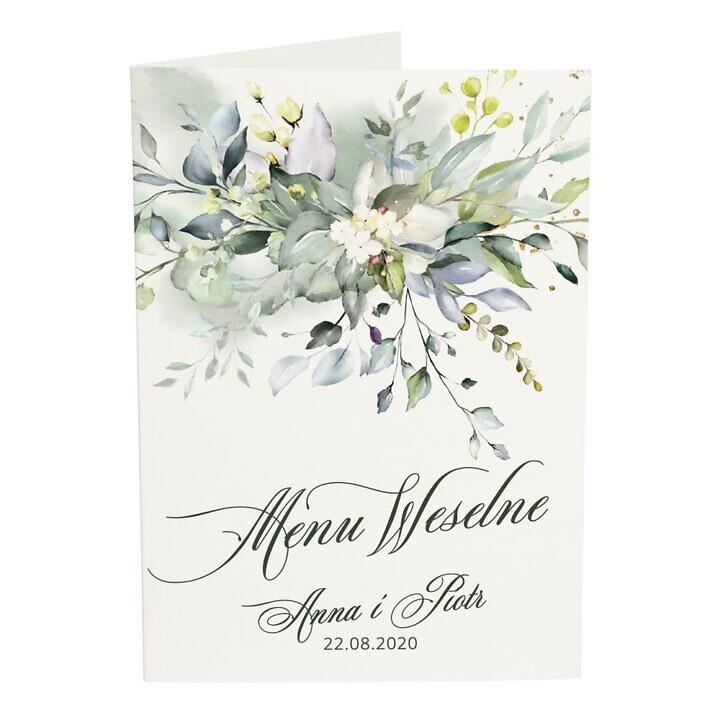 Menu weselne na białym papierze z zieloną akwarelą i gałązkami ziół