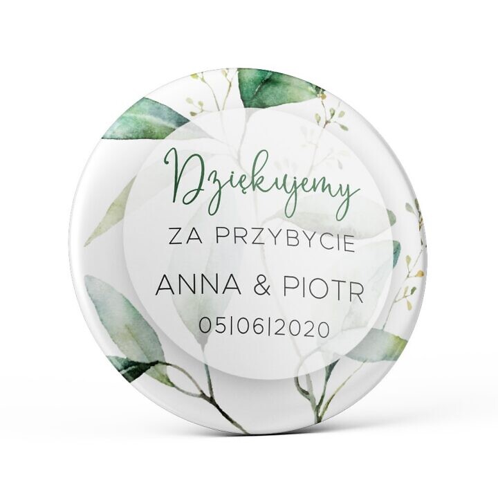 Przypinka weselna z gałązkami eukaliptusa magnes podziękowanie dla gości weselnych