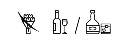 Wzór rebusu weselnego 16: kwiaty, butelka, alkohol, wino, whisky