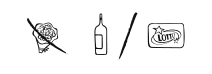 Wzór rebusu weselnego 32: kwiaty, butelka, alkohol, wino, kupony lotto