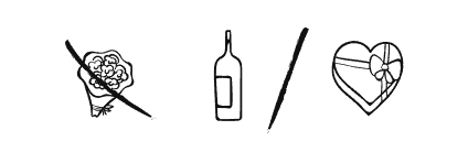 Wzór rebusu weselnego 34: kwiaty, butelka, alkohol, wino, czekolada, słodycze