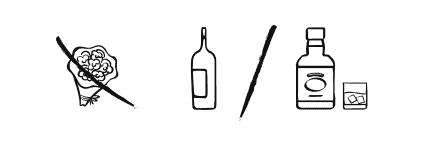 Wzór rebusu weselnego 35: kwiaty, butelka, alkohol, wino, whisky