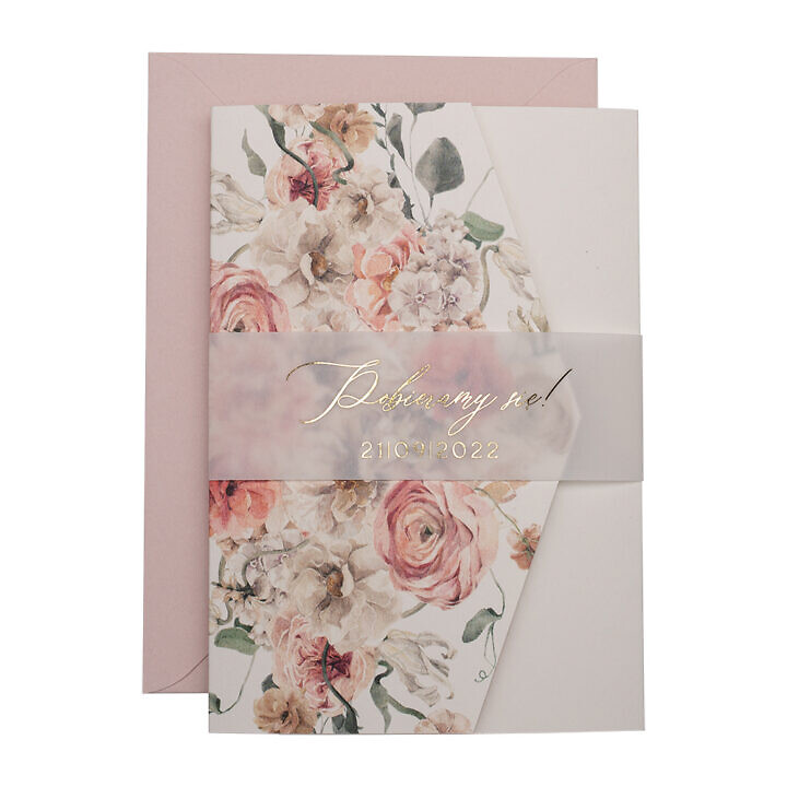 Zaproszenia ślubne klasyczny folder boho różowe kwiaty